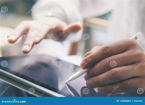 Closeup View Of Male Hands Holding Digital Tablet On Hand And Using