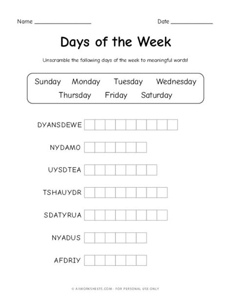 Grade 1 Days Of The Week Scramble Worksheets Unscramble Words