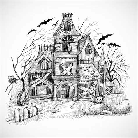 Free Vector Halloween haunted house sketch design Maison hantée