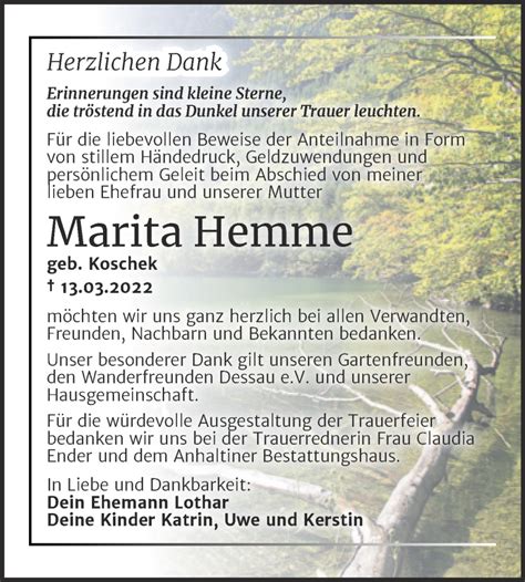 Traueranzeigen Von Marita Hemme Abschied Nehmen De