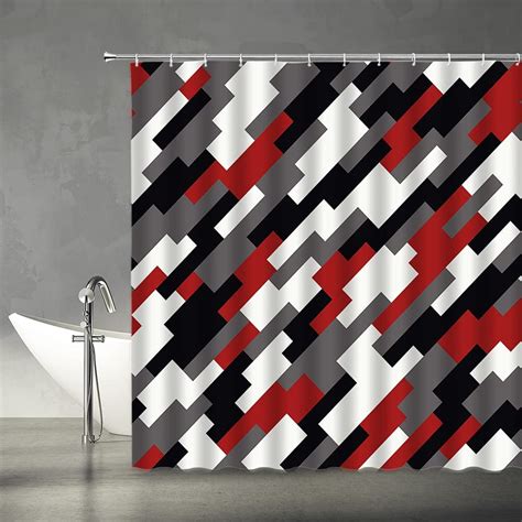 Geometric Shower Curtains Abstract Black White Gray Red Mid Century