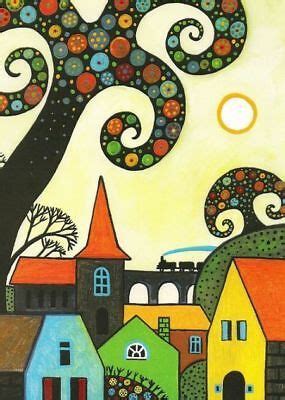 Aceo Print Of Painting Abstract Folk Art House Whimsical Ryta Flower