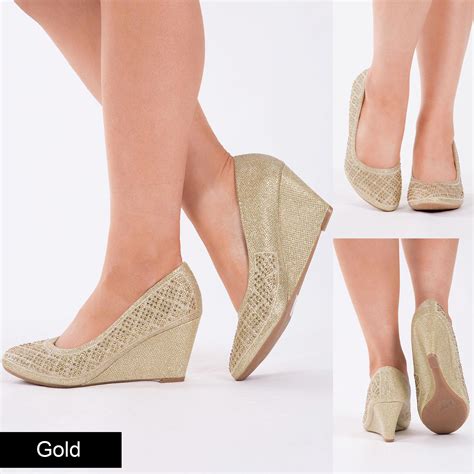 Women Gold Black Silver Court Shoes Closed Toe Wedges Platform Heels