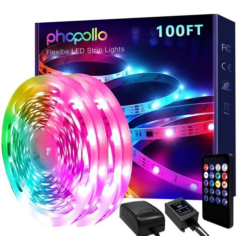 PHOPOLLO Flexible 100ft Bright RGB Led Strip Lights, Sync to Music for ...