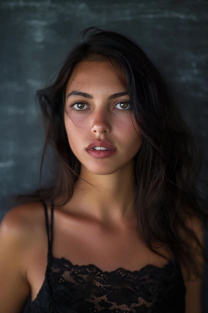 Portrait Of A Beautiful Brunette Woman In Black Lingerie Premium AI Generated Image