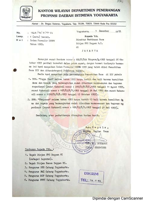 Surat Dari Kepala Bagian Umum Kantor Wilayah Departemen Penerangan