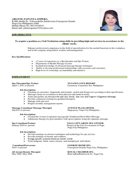 Arlene Z Espera Resume Nail Tech Pdf Massage Health Care