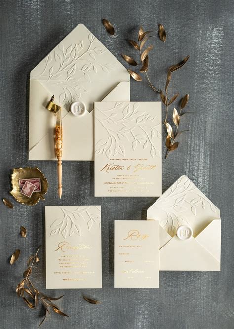 Elegant Golden Letterpress Wedding Invitations Set Glamour Etsy