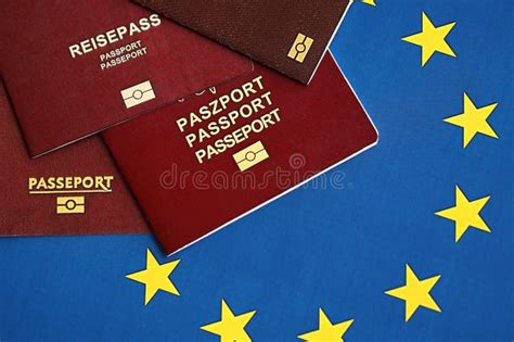 European Union Countries Passports On Blue Eu Flag Close Up Stock Image