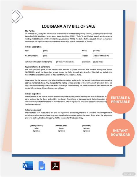 Louisiana Atv Bill Of Sale Template In Google Docs Word Pdf