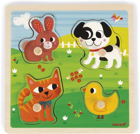 Janod Puzzle Tactile en Bois Mes Premiers Animaux 4 Pièces Puzzle