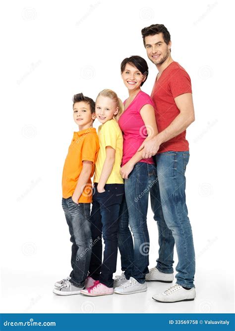 Familia Feliz Con Los Niños Que Se Unen En Línea Foto de archivo