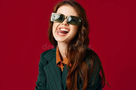 Cheerful Woman Showing Tongue Grimace Sunglasses Red Background Stock