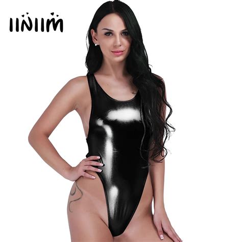 Sexy Women Faux Leather One Piece Thong Bodysuit Leotard Lingerie