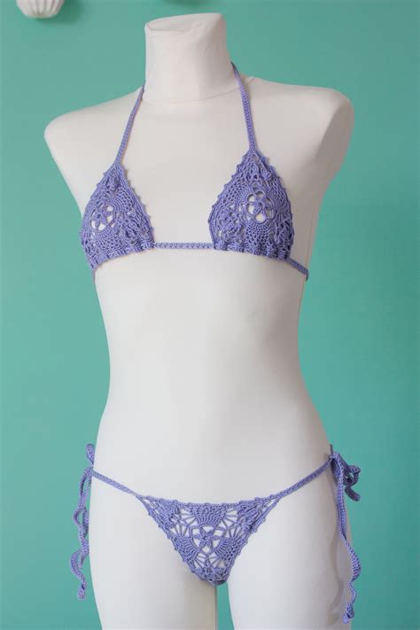 See Through Crochet Bikini Set Thong Crocheted Swimsuit Etsy