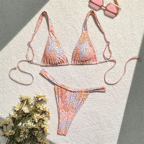 Floral Print Adjustable Straps Triangle Bikini Swimwear On Luulla