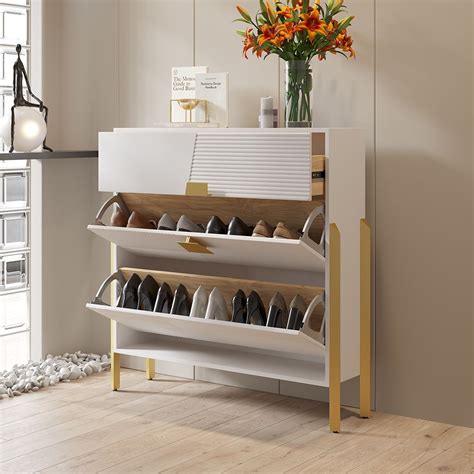 Modern Entryway White Shoe Storage For 10 Pairs Shoes Narrow Shoe