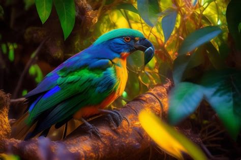 Un pájaro colorido está sentado en una rama en un bosque Foto Gratis