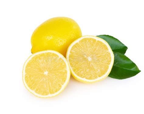 closeup fresh lemon fruit slice  green leaf isolated  white