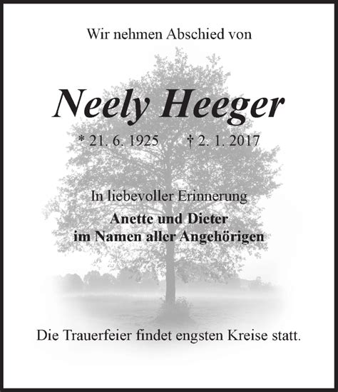 Traueranzeigen Von Neely Heeger Trauer Gedenken