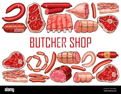 Pork Beef And Lamb Meat Sketch Poster Butcher Shop Meat Farm Market