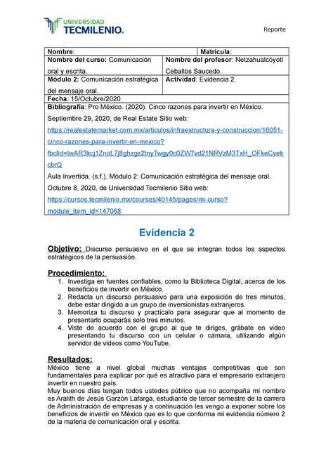 Evidencia 2 comunicación oral y escrita Reporte Nombre Matrícula