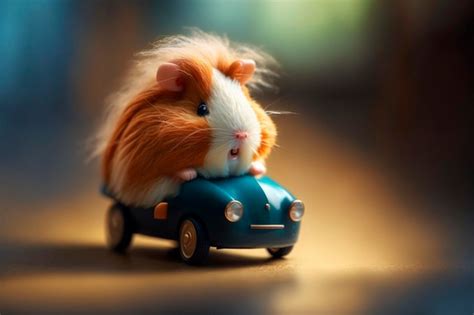 Premium AI Image | Happy guinea pig kid rides a toy car