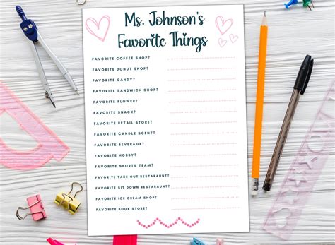 Favorites Survey Printable Editable Questionnaire Favorite Things