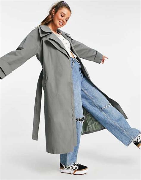 Asos Design Double Layer Trench Coat In Charcoal Asos