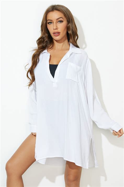 White Oversize Long Sleeves Bikini Cover Up Petallush