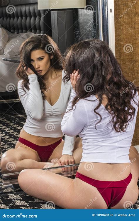 Brunette Lingerie Model With A Mirror At Home Stock Photo Image Of Lifestyle Lingerie 109040196