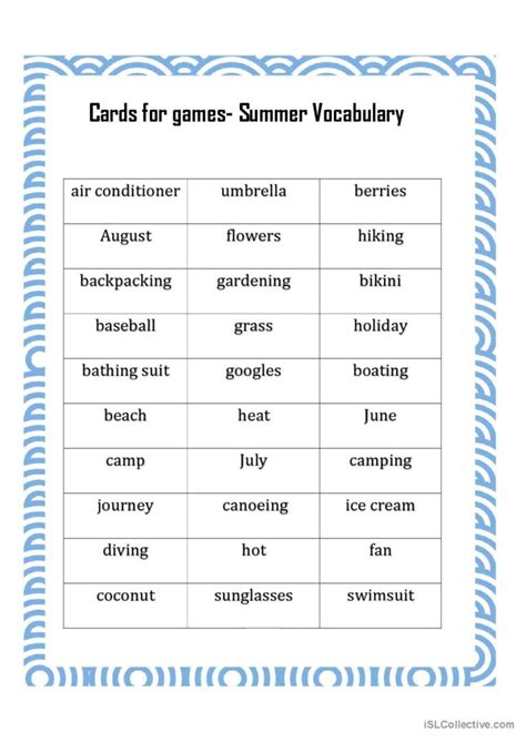 Summer Vocabulary Activities and Gam…: English ESL worksheets pdf & doc