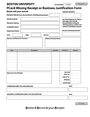 Fillable Online Bu Pcard Missing Receipt Or Business Justification Form