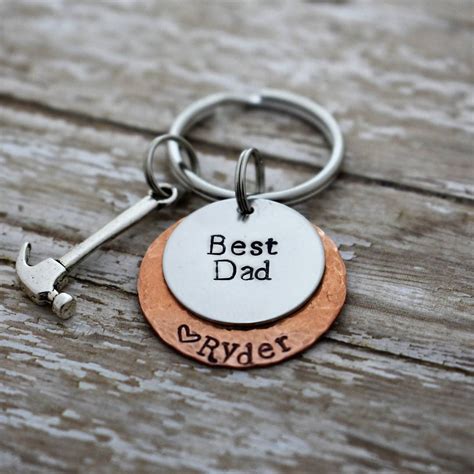 Best Dad Hand Stamped Personalized Keychain With Hammer Charm Etsy