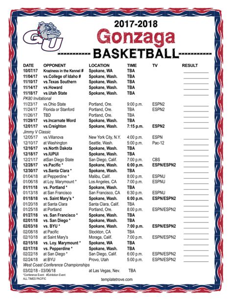 Gonzaga Basketball Schedule Printable