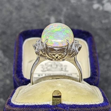 Vintage Opal & Diamond Ring in Platinum - The Antiques Room