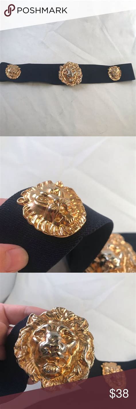 Vintage 3 Gold Metal Lions Head Navy Elastic Belt Gold Metal Belt