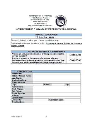 Fillable Online Dhmh State Md PHARMACY INTERN REGISTRATION APPLICATION