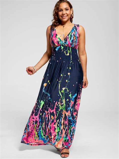 Wipalo Plus Size Deep V Neck Sleeveless Empire Waist Splatter Print