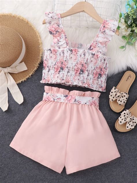 Girls Floral Print Shirred Ruffle Hem Cami Top And Belted Shorts Shein Usa