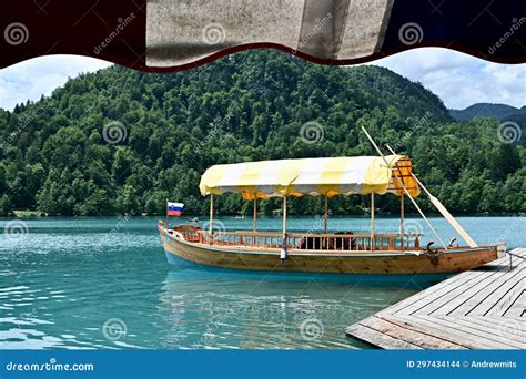 Traditional Pletna Boat With Colorful Awning Lake Bled Slovenia Stock