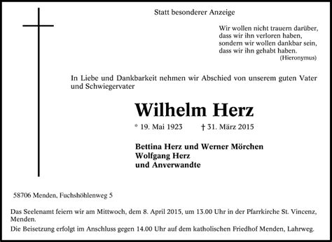 Traueranzeigen Von Wilhelm Herz Trauer In Nrw De