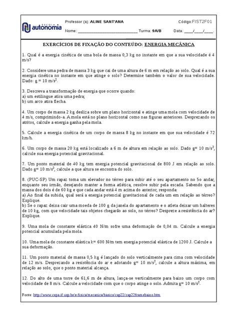 Exercícios De Energia Mecânica - Exercícios de Energia Mecânica 9º Ano | PDF | Energia potencial | Massa