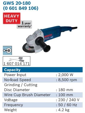 BOSCH GWS 20 180 Professional 7 Angle Grinder Soon Huat Hardware