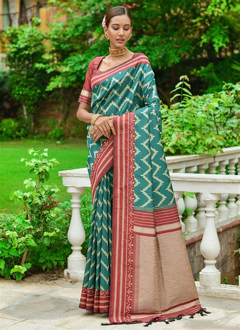 Shop Teal Art Silk Handloom And Zari Saree Festive Wear Online At Best