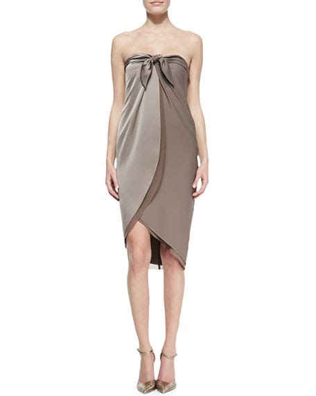 Halston Heritage Satin Strapless Wrap Dress