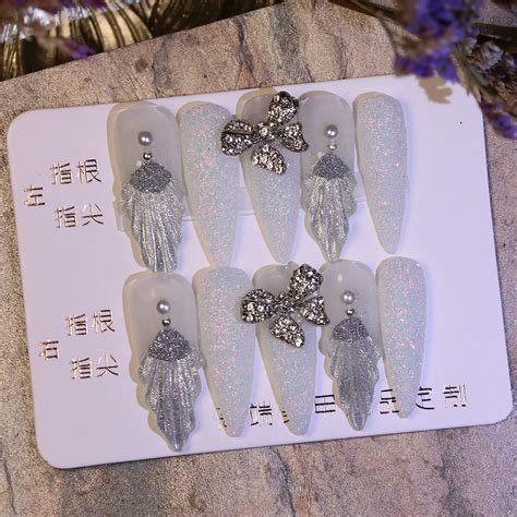 100% Handmade White Nails With Silver Glitter Salon Quality - Dreamall