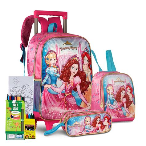 Kit Mochila Rodinha Estojo Lancheira Infantil Escolar Princesas Magicas