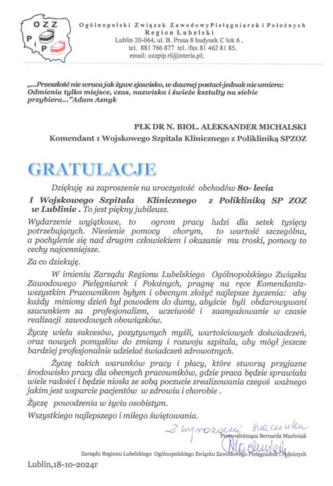 Galeria Listy Gratulacyjne I Podzi Kowania Wojskowy Szpital