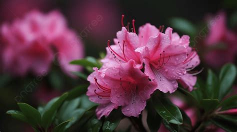 Background Azalea Merah Muda Dengan Tetesan Hujan Di Kelopaknya Bunga